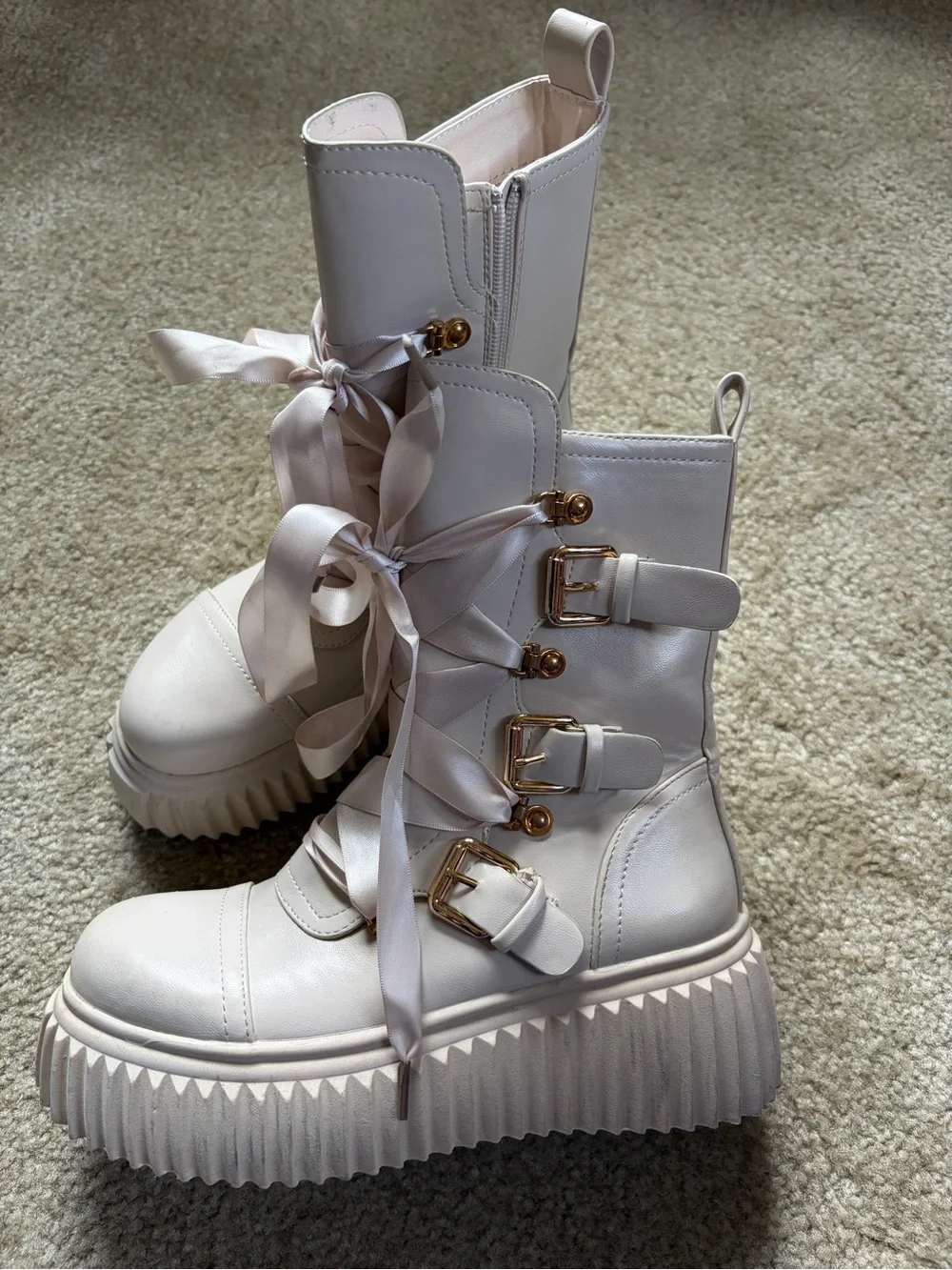 Vivianly Women's Cream Platform Lace-Up Lolita Combat Boots with Gold Hardware - Picture 7 of 8